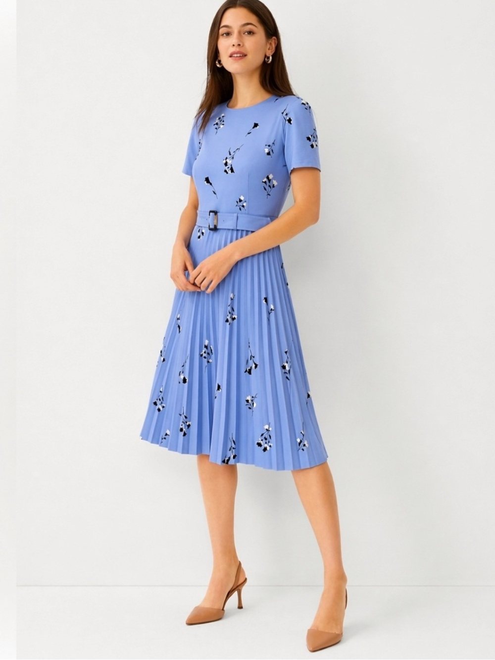 Ann Taylor Floral Pleated Midi Dress 18 Blue Short Sleeve Work Office Church